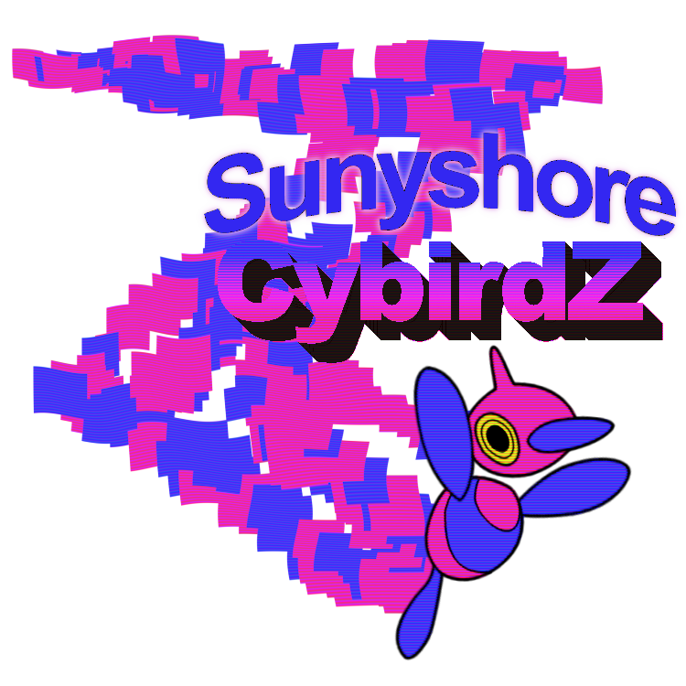 a logo for an imaginary sports team named the Sunyshore CybirdZ. the logo consists of a stylized Porygon-Z from Pokemon, with a large Z-shaped trail of dark magenta and indigo coloured squares behind it. to the side of the Porygon-Z are the words 'Sunyshore CybirdZ' rendered in retro WordArt. Sunyshore is a flat indigo colour, with CybirdZ being a indigo-magenta gradient. The entire image has minor distortion and filtering on it to appear is if it was rendered on an old computer monitor.